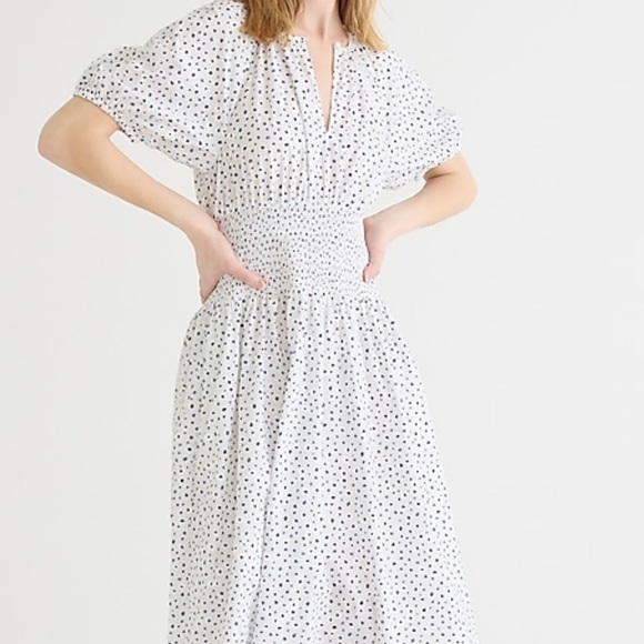 JCrew Puff-Sleeve Smocked Waist Midi Dress in Dot